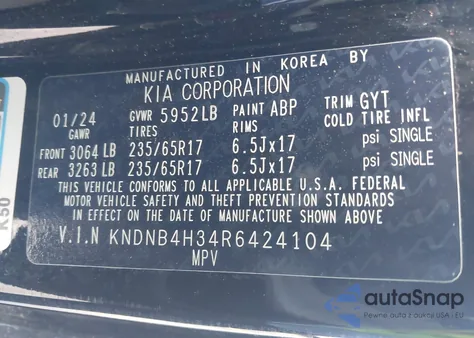 2024 Kia Carnival Mpv Lx Seat Package from USA, damaged, VIN KNDNB4H34R6424104